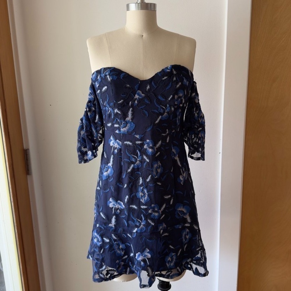 BARDOT Sapphire Lace Off the Shoulder Blue Dress-Sweetheart Mini-Sz 6-RRP $119
